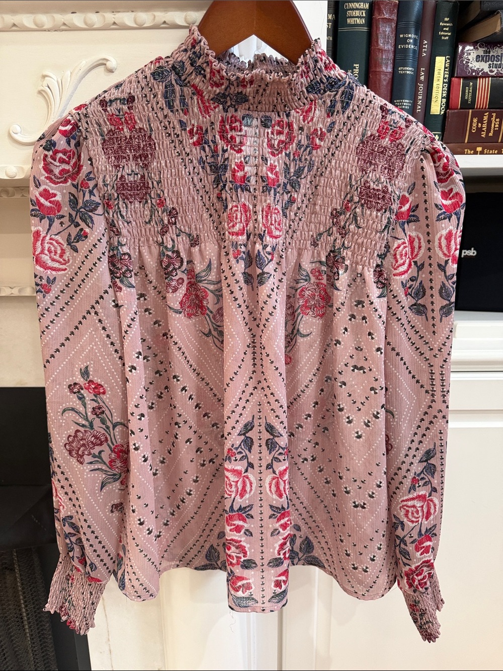 Living Doll Floral Boho Chic Mock Neck Blouse Pink Cottagecore Peasant Top M